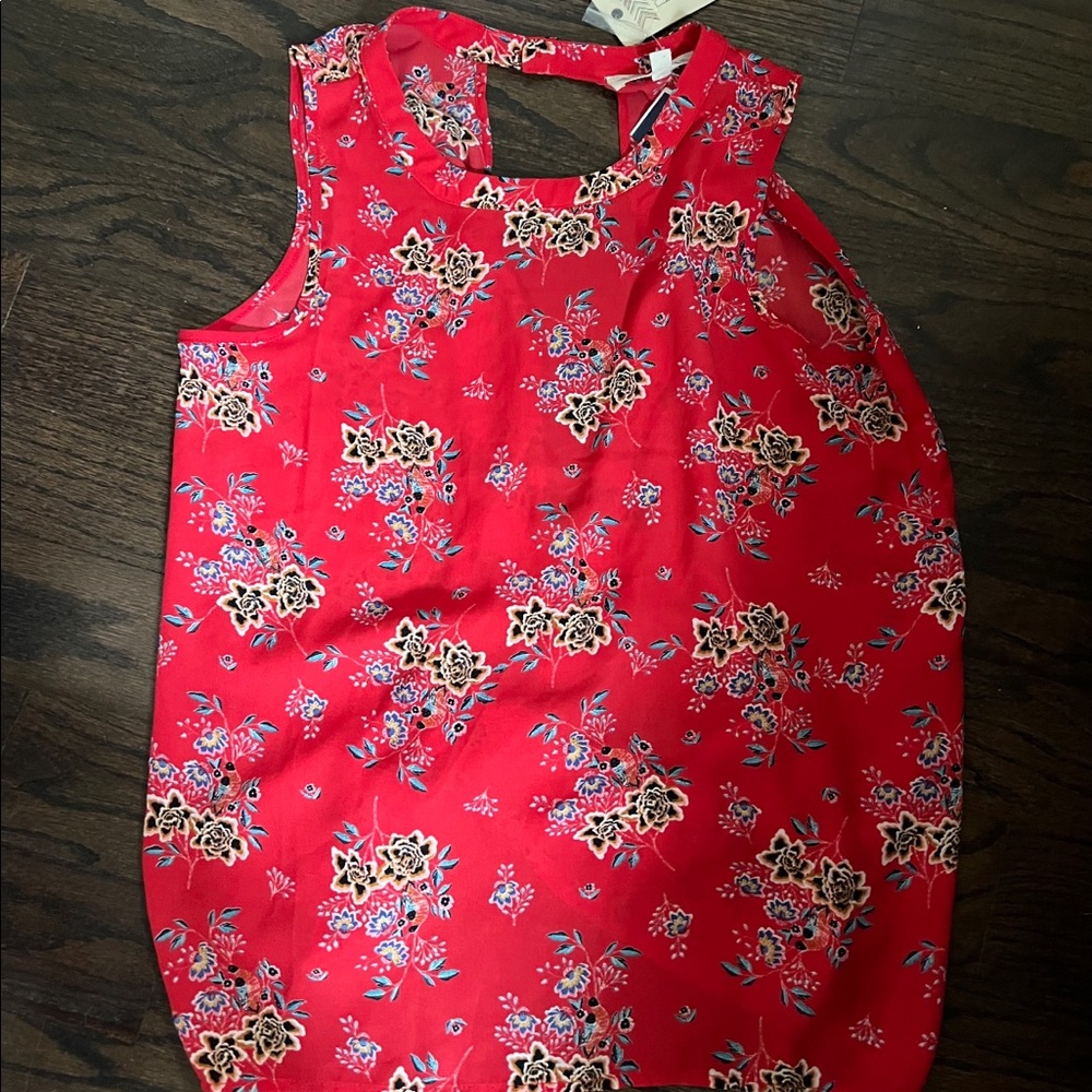 #7 Pink Rose sleeveless Floral Coral top with open criss cross back NWT
